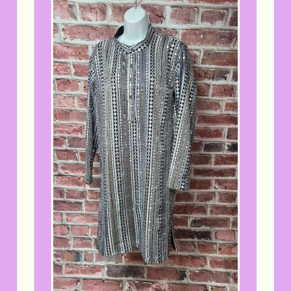 Metallic Kurta M | Silver Black Long Sleeve Festival Boho Ethnic Statement Top - Picture 1 of 9